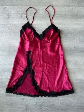 Satin Lace Trim Burgundy Mini Slip Dress halter